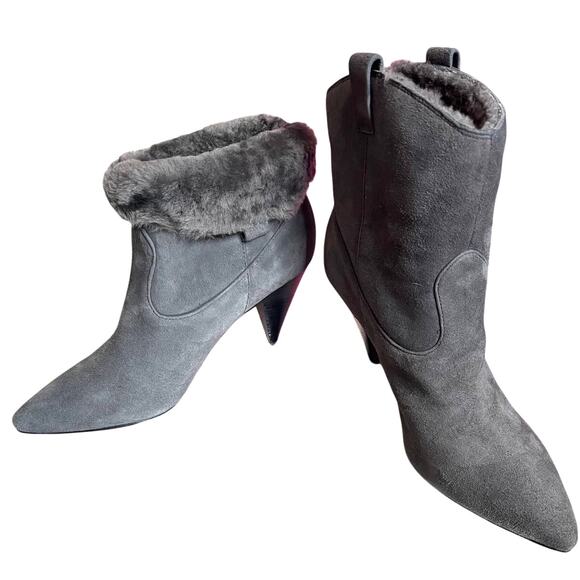 NIB! Sigerson Morrison 9.5 Suede Western Ankle Boots Shearling Cone Heels Gray - Picture 4 of 12